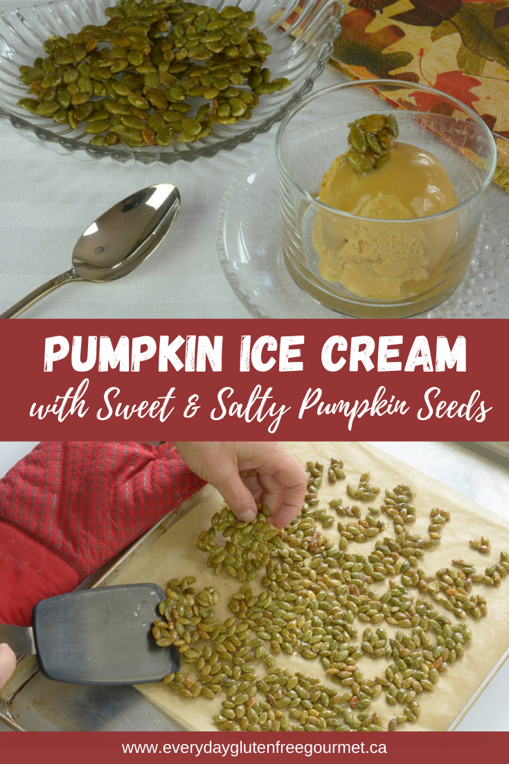 Pumpkin Ice Cream with Sweet and Salty Pumpkin Seeds and a bourbon caramel sauce.