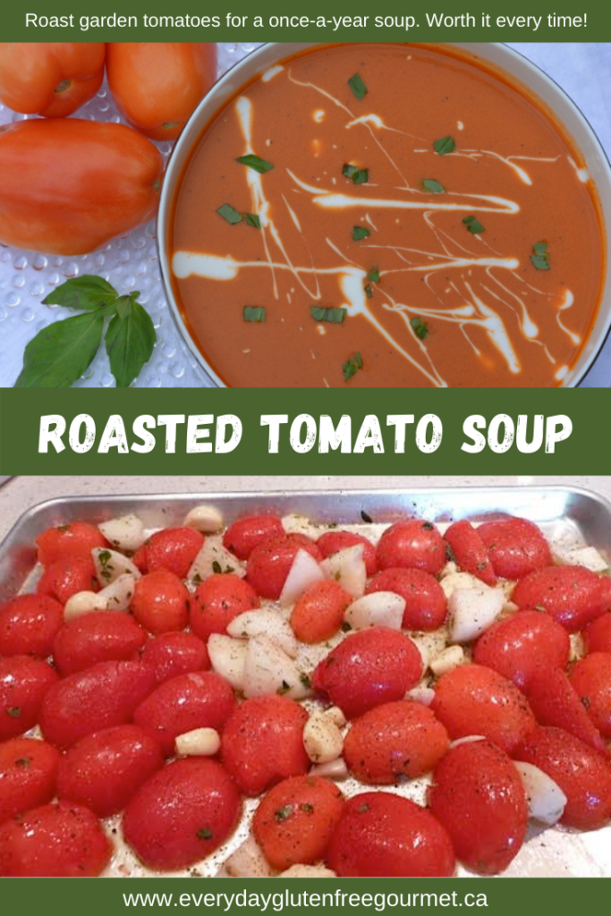 Roasted Tomato Soup and a pan of tomatoes ready to be roasted.