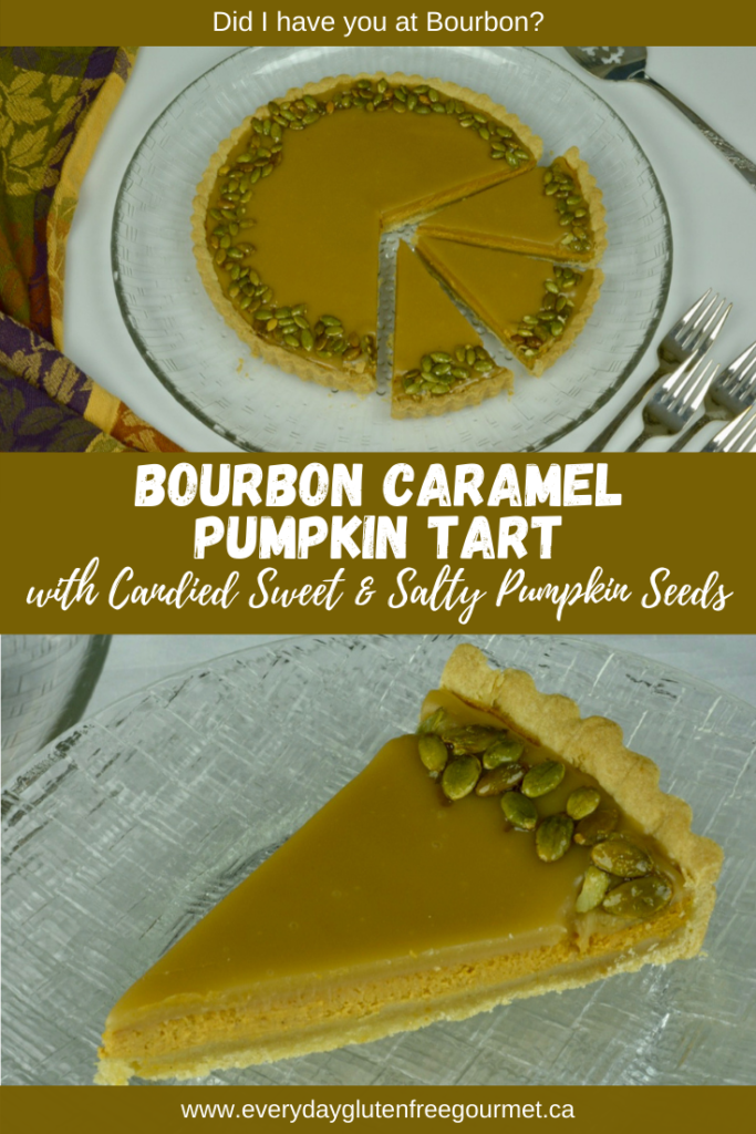 Bourbon Caramel Pumpkin Tart with candied sweet and salty pumpkin seeds.