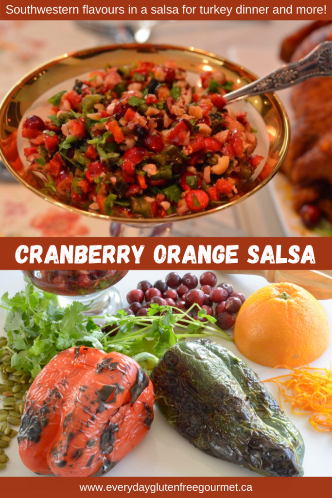 Cranberry Orange Salsa in a martini glass and a picture of all the ingredients to make it.