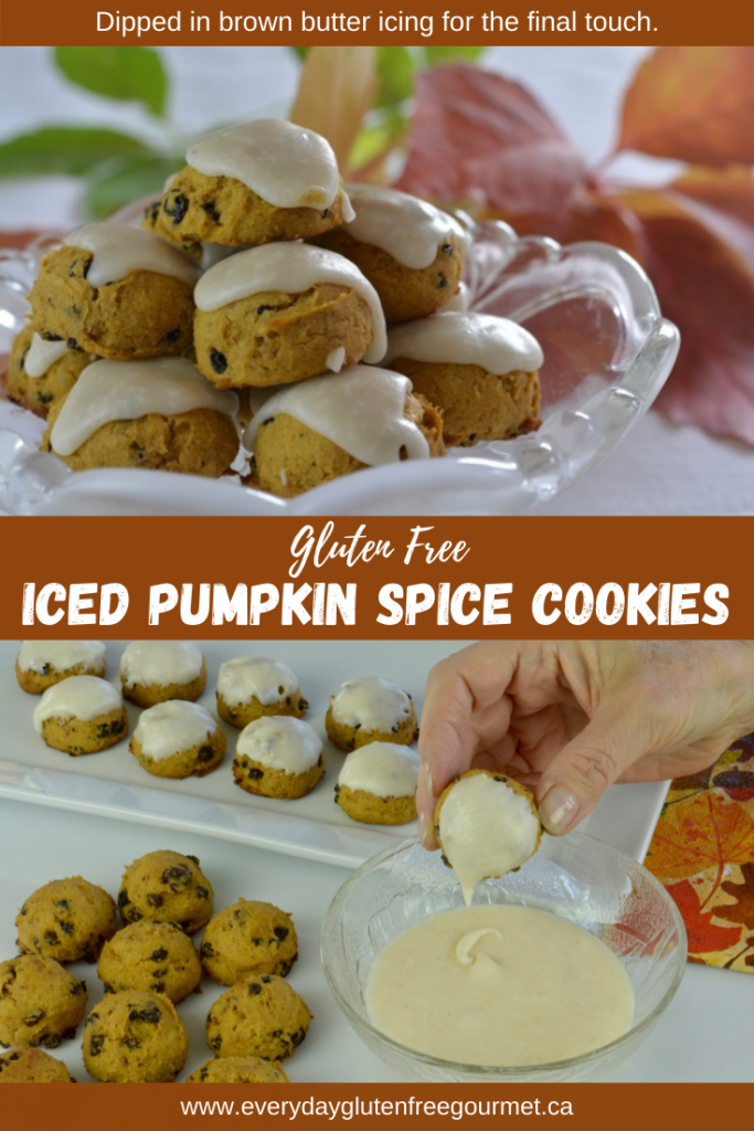 Someone dipping cookies in the brown butter icing and then a tray of the finished Iced Pumpkin Spice Cookies piled high and surrounded by fall leaves.
