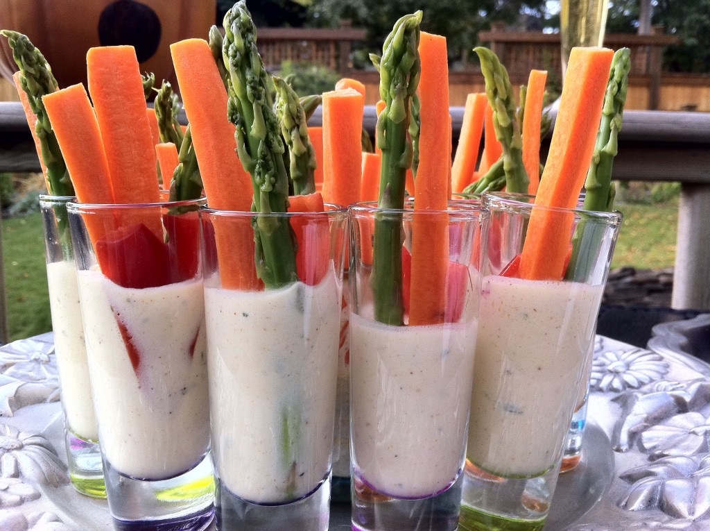 Vegetable Shooters with dip become a holiday appetizer with red and green vegetables