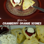 Gluten free Cranberry Orange Scones topped with jam and whipped cream.