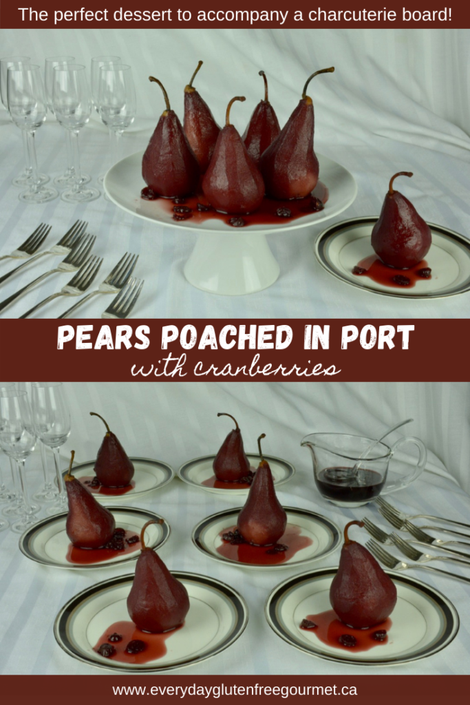 A pedestal tray of Pears Poached in Port with Cranberries, plus it all dished up for six people.