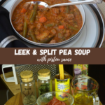 A bowl of Leek and Split Pea Soup with pistou sauce plus a picture of all the ingredients.