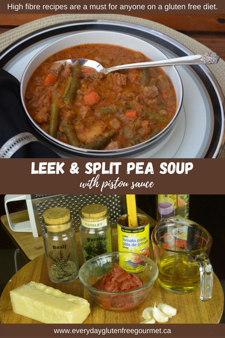 High fibre Leek and Split Pea Soup and the ingredients to make pistou