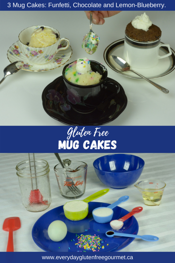 Three Gluten Free Mug Cakes; Funfetti, Chocolate and Blueberry-Lemon
