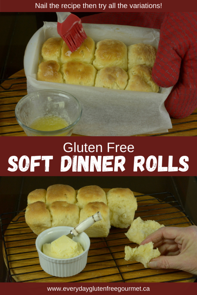 Gluten Free Soft Dinner Rolls out of the oven being brushed with butter.