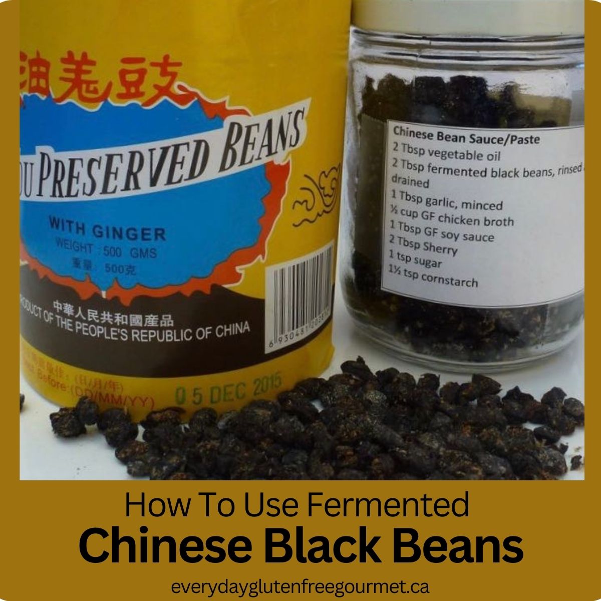 A yellow box of Preserved Chinese Black Beans beside the jar they are be stored in. Attached to the jar is a recipe for Chinese Black Bean Sauce.