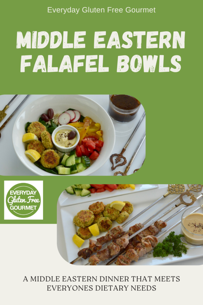 A white bowl filled with falafel balls, chopped vegetables and hummus and a second photo is a plate of pork kebabs and more falafel balls.