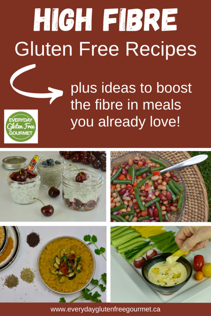 Four high fibre gluten-free recipes; chia pudding, bean salad, split pea dal and hummus with raw vegetables.