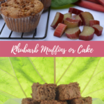 A Rhubarb Struesel Muffin with cut rhubarb beside it, and a small stack of cut Rhubarb Coffee Cake made from the same recipe.