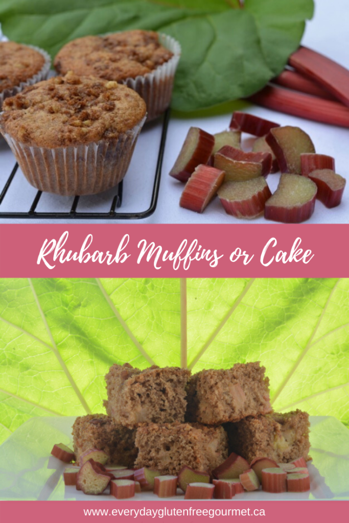 A Rhubarb Struesel Muffin with cut rhubarb beside it, and a small stack of cut Rhubarb Coffee Cake made from the same recipe.
