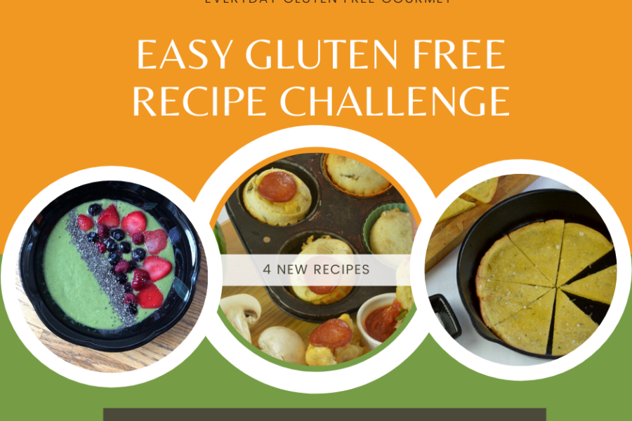 A recipe challenge showing 3 of the recipes to make; fruit smoothie bowl, Brazilian cheese bread and socca.