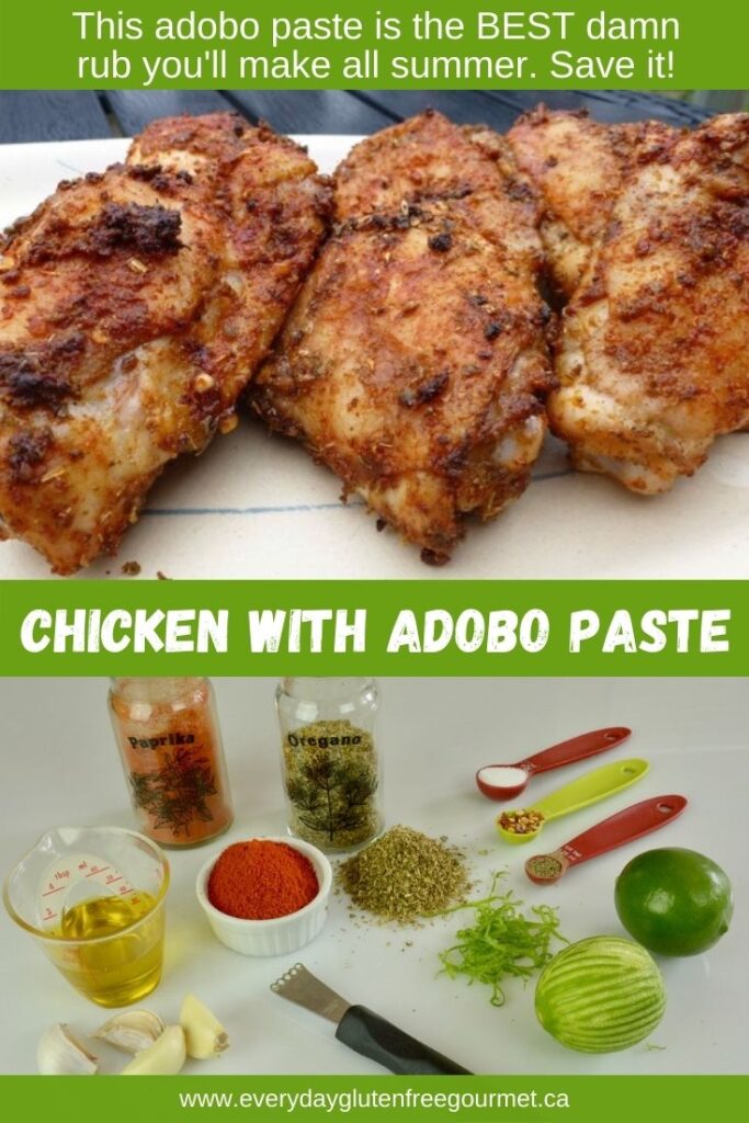 Two images; one showing the ingredients for this recipe. A second image of cooked Adobo Chicken on a platter.
