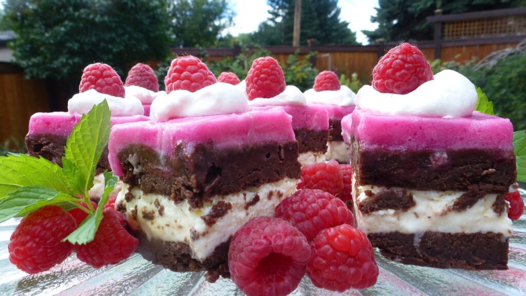 Square pieces of Raspberry Brownie Ice Cream Cake on a tray decorated with whipped cream, fresh raspberries and mint leaves.