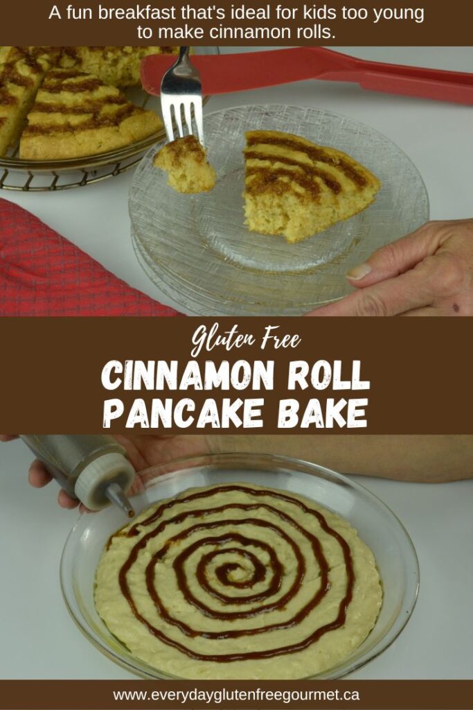 A Gluten Free Pancake Bake made in a pie plate with a cinnamon swirl.