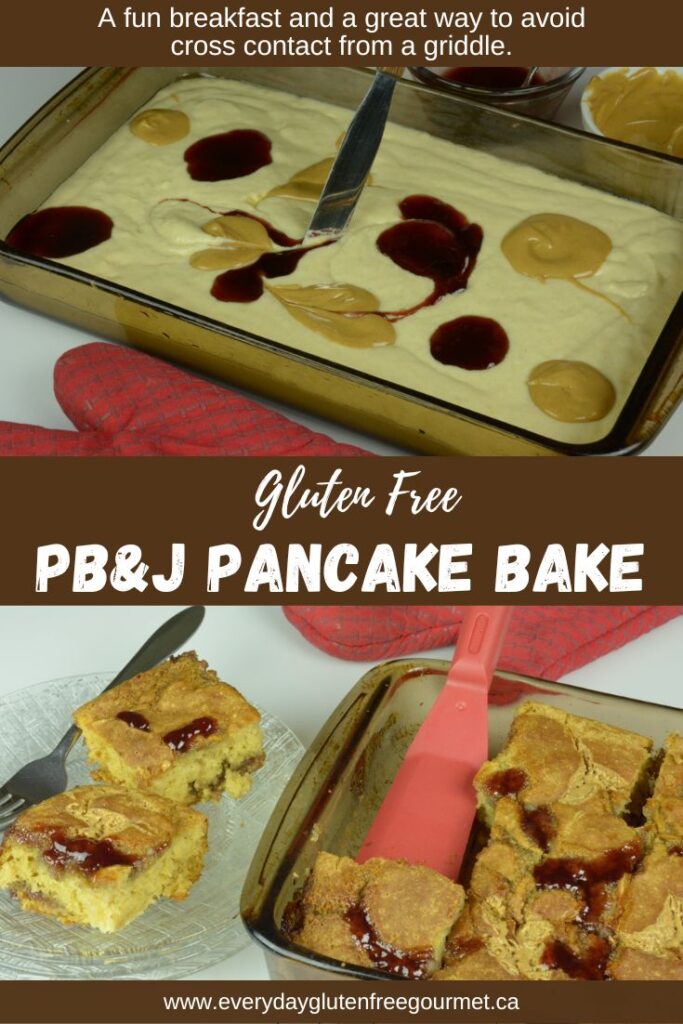 Two images; a baking pan with batter and blobs of peanut butter and jam with a knife starting to draw through them plus the cooked pancake bake cut into squares and being served up.