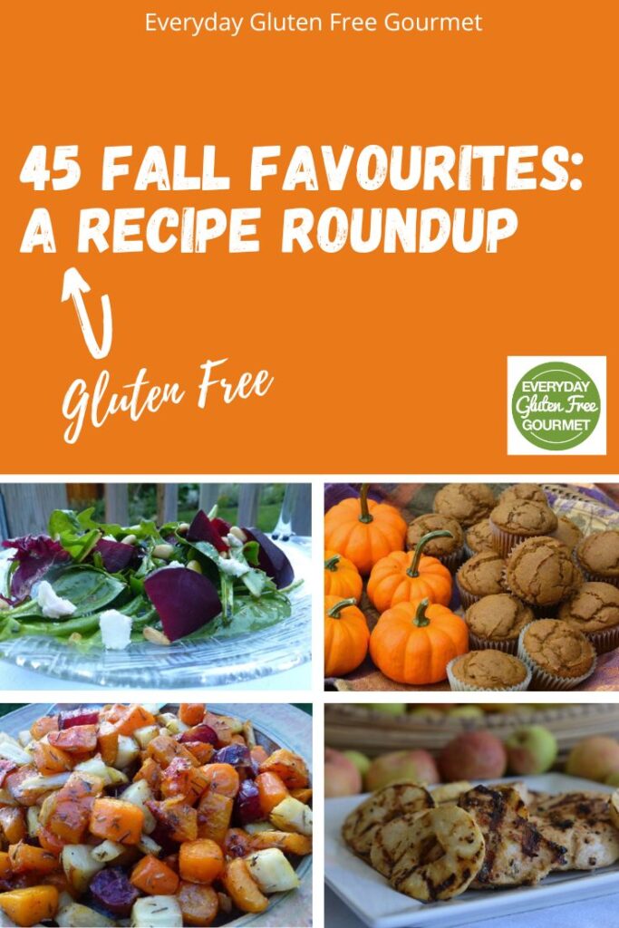 4 fall dishes; Beet and Goat Cheese Salad, Pumpkin Ginger Muffins, Roasted Root Vegetables and Grilled Chicken with Apple Rings.