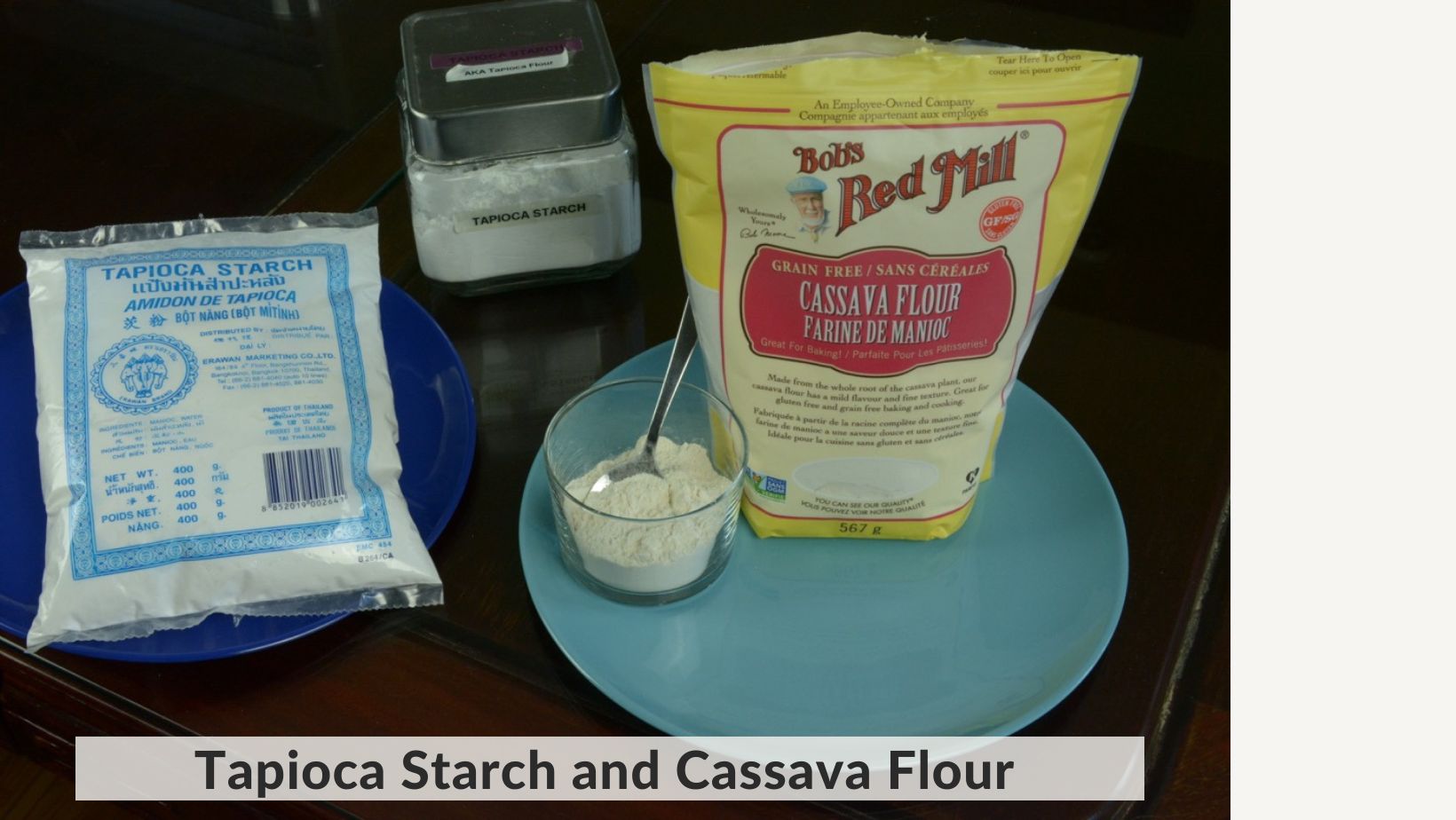 Tapioca starch and cassava flour in bags from the store.