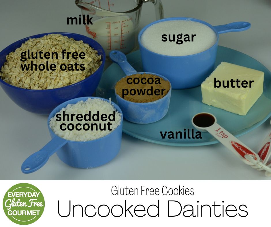 Measuring cups and spoons with all the ingredients to make Uncooked Dainties.