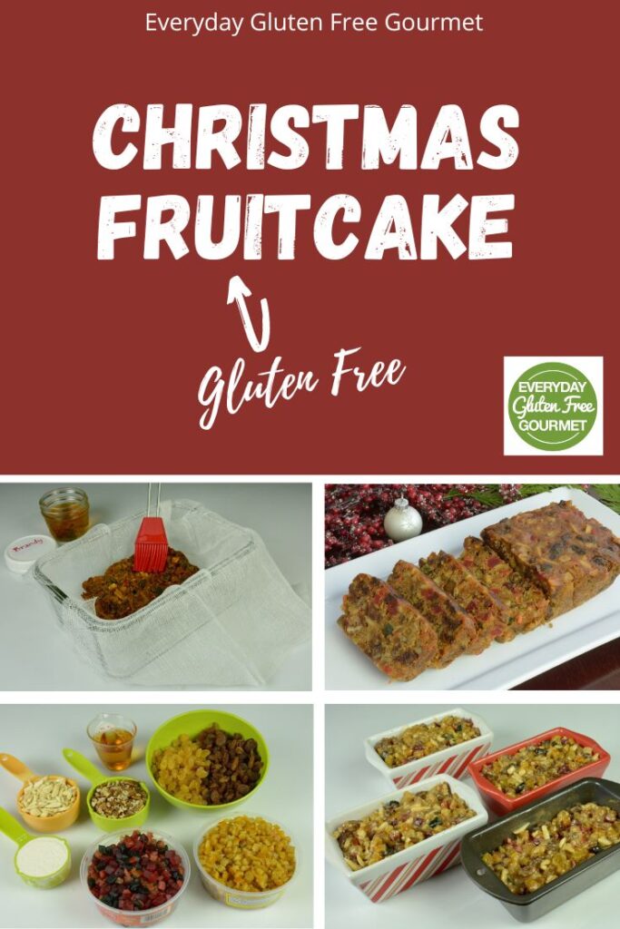 Four images of fruitcake: the fruit and nuts in cups, the batter in mini loaf pans, brushing cooked fruitcake with brandy and the final tray of sliced fruitcake ready to serve.