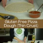 Two images of a thin crust gluten free pizza dough; one starting to press the dough out and the second a fully shaped 12-inch round.