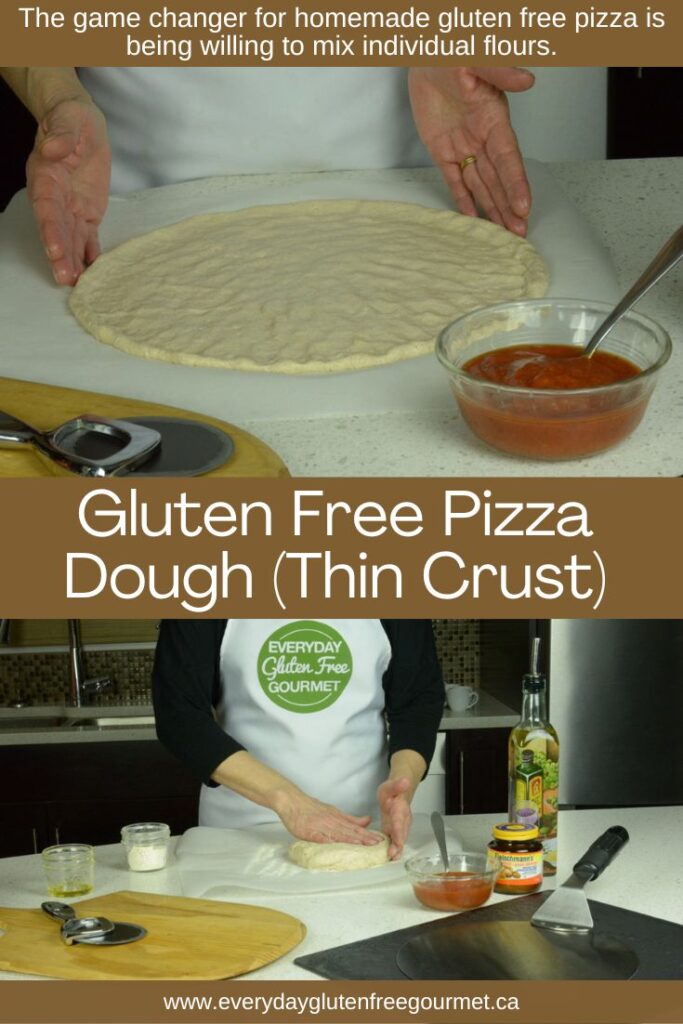 Two images of a thin crust gluten free pizza dough; one starting to press the dough out and the second a fully shaped 12-inch round.