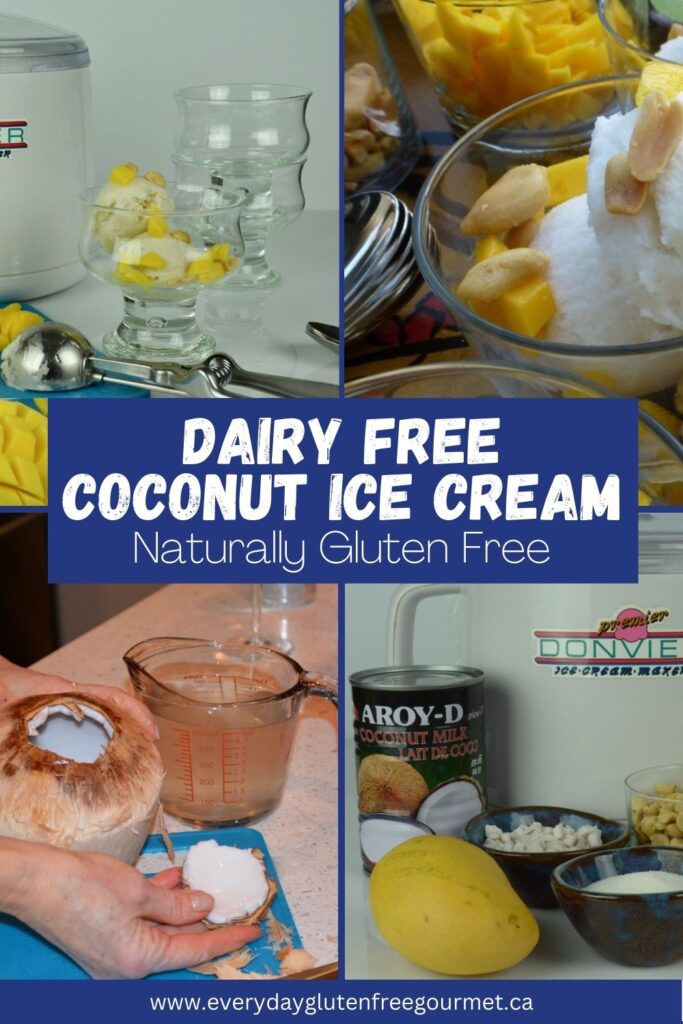 A Donvier ice cream maker surrounded by ingredients for coconut ice cream, a young coconut broken open with coconut water, and a dish of coconut ice cream with fresh mango and salted peanuts.