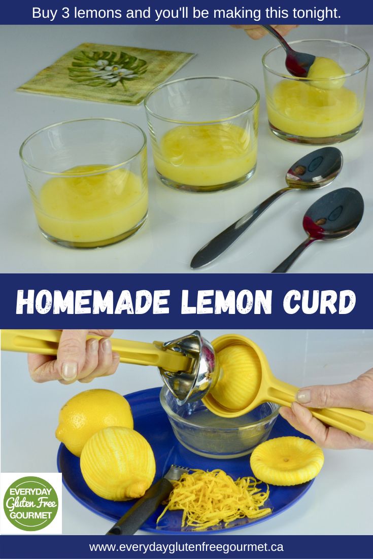 2 pictures: one of three dishes of Lemon Curd with a hand taking a spoonful of it and another of a lemon in a juicer being squeezed.