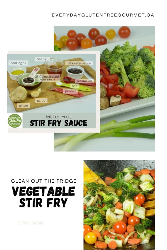 A board with all the sauce ingredients; a plate of cut raw vegetables, and a wok filled with the cooked vegetable stir fry.