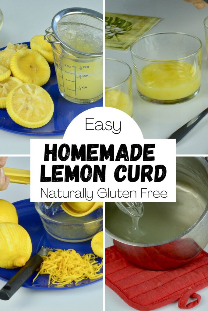 4 images: Zesting and juicing lemons, thickening cornstarch and sugar in a pot, and the final dishes of lemon curd.