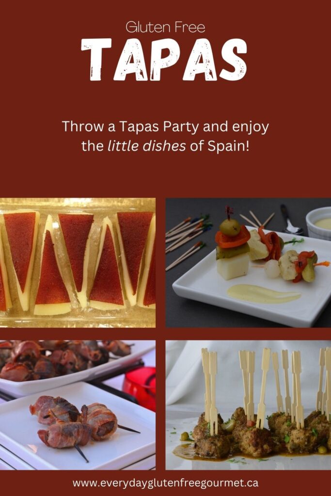 4 tapa pictures; Manchego Cheese with quince paste, banderillas, meatballs in almond sauce and chorizo stuffed dates.