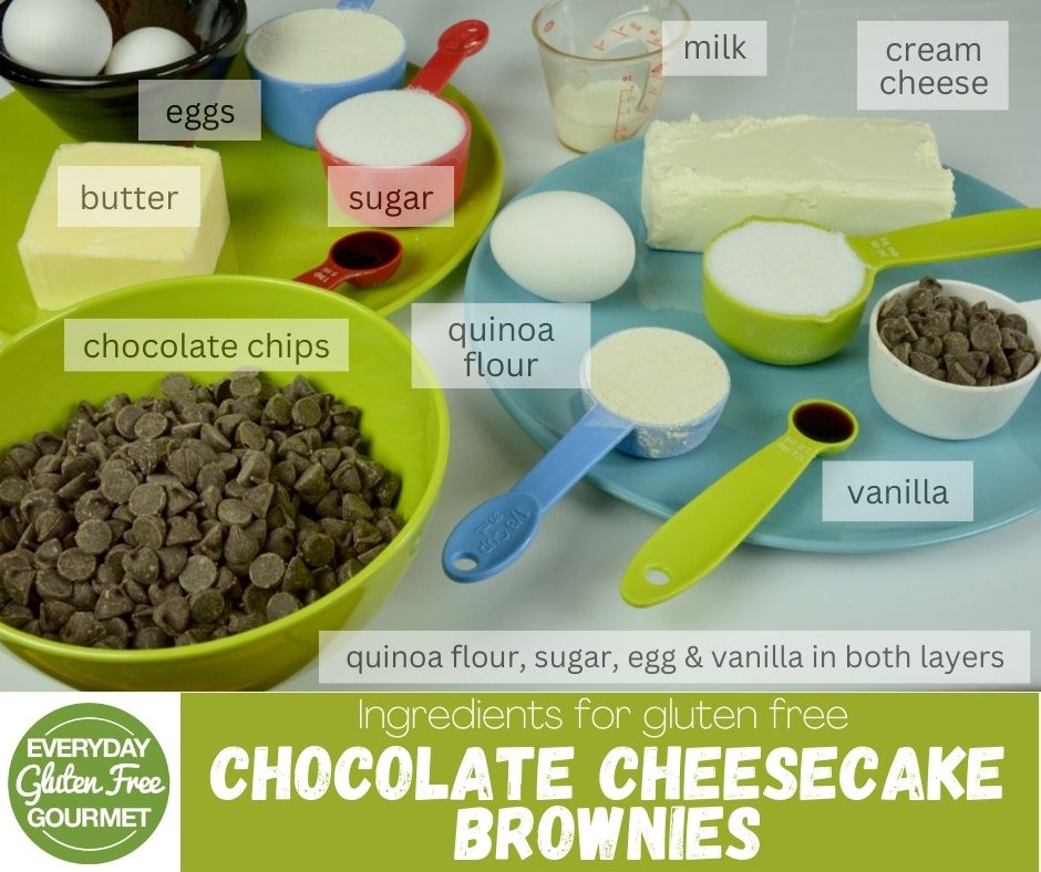 Measuring cups and spoons with all the ingredients to make Chocolate Cheesecake Brownies.