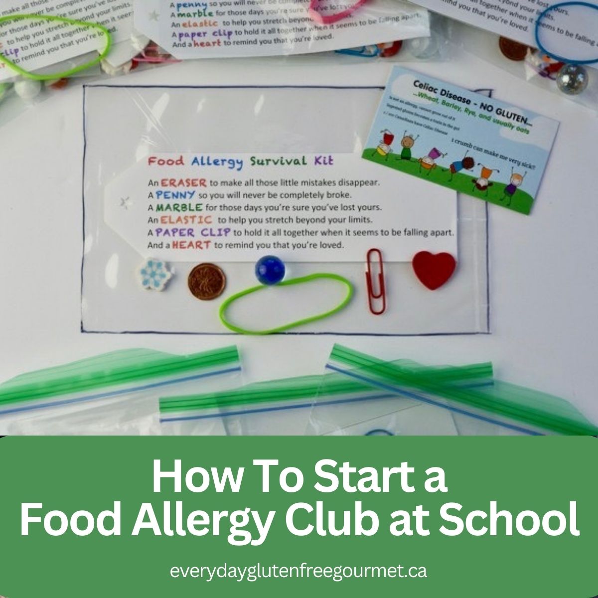 Food Allergy Survival Kits made with an eraser, a penny, a marble, a elastic, a paper clip and a small heart to match the saying on the printed card inside.