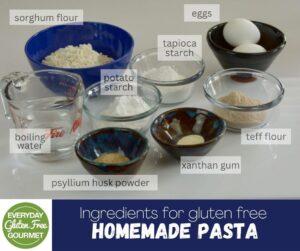 Bowls of ingredients to make this gluten free pasta dough recipe.