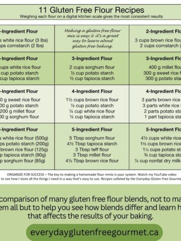 A printable page showing 11 different recipes of gluten free flour blends.