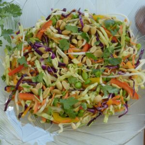 A big bowl of Asian Coleslaw with Peanut Dressing.