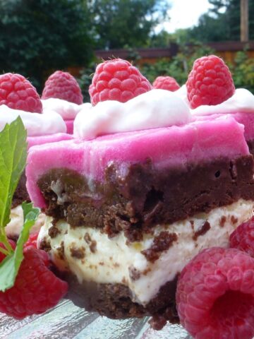 Square pieces of Raspberry Brownie Ice Cream Cake on a tray decorated with whipped cream, fresh raspberries and mint leaves.