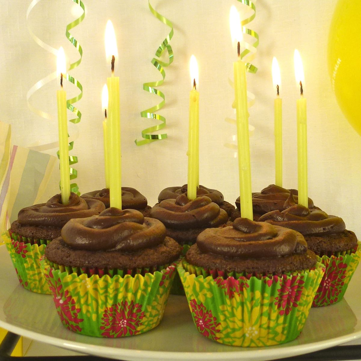 Gluten Free Chocolate Cupcakes with Chocolate Icing each with a birthday candle in it.