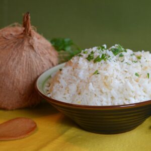 A bowl heaped full of fragrant Thai Jasmine coconut rice.