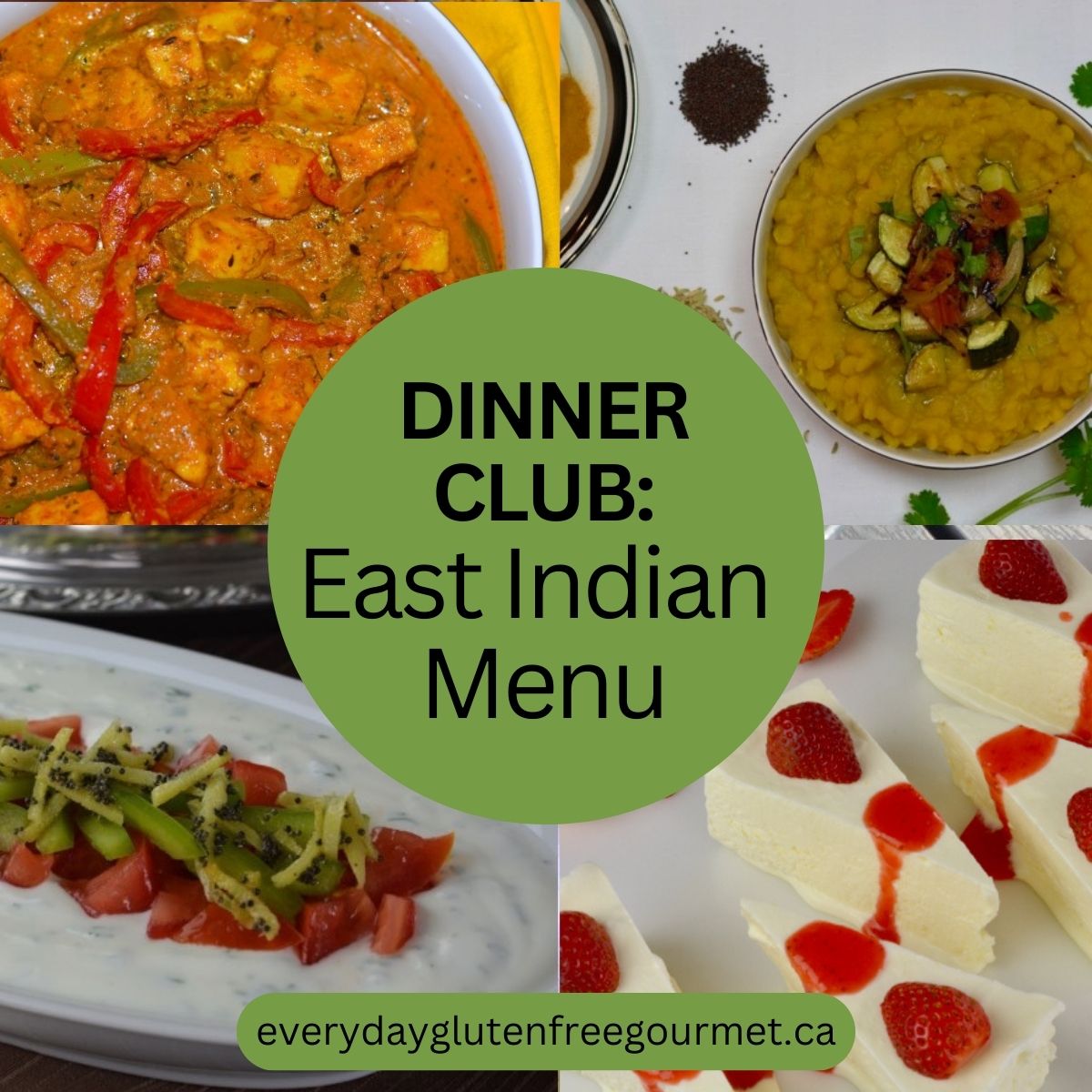 Four dishes for an East Indian dinner. Paneer in Fragrant Gravy, Dahl with Zucchini and tomato, Cucumber Raita and Lemon Kulfi.