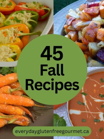 Four fall recipes; stuffed peppers, glazed carrots, roasted tomato soup and roasted root vegetables.