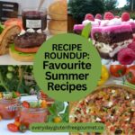 Four pictures from this Recipe Roundup: Bison Burgers, Gazpacho in Mason jars; a grilled pizza and a Brownie Ice Cream Cake.
