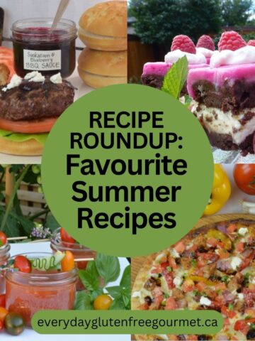 Four pictures from this Recipe Roundup: Bison Burgers, Summer Gazpacho in Mason jars; a grilled pizza and a Brownie Ice Cream Cake.