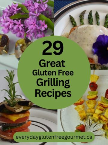 Four grilling recipes; bacon wrapped dates, salmon, vegetable stacks and fruit kebabs.