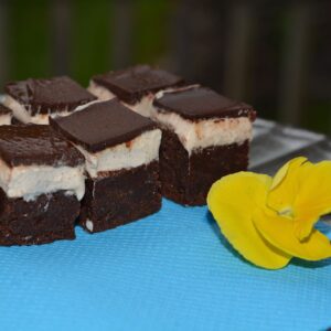 Squares of Cappuccino Brownies set on a bright blue napkin garnished with a yellow pansy.
