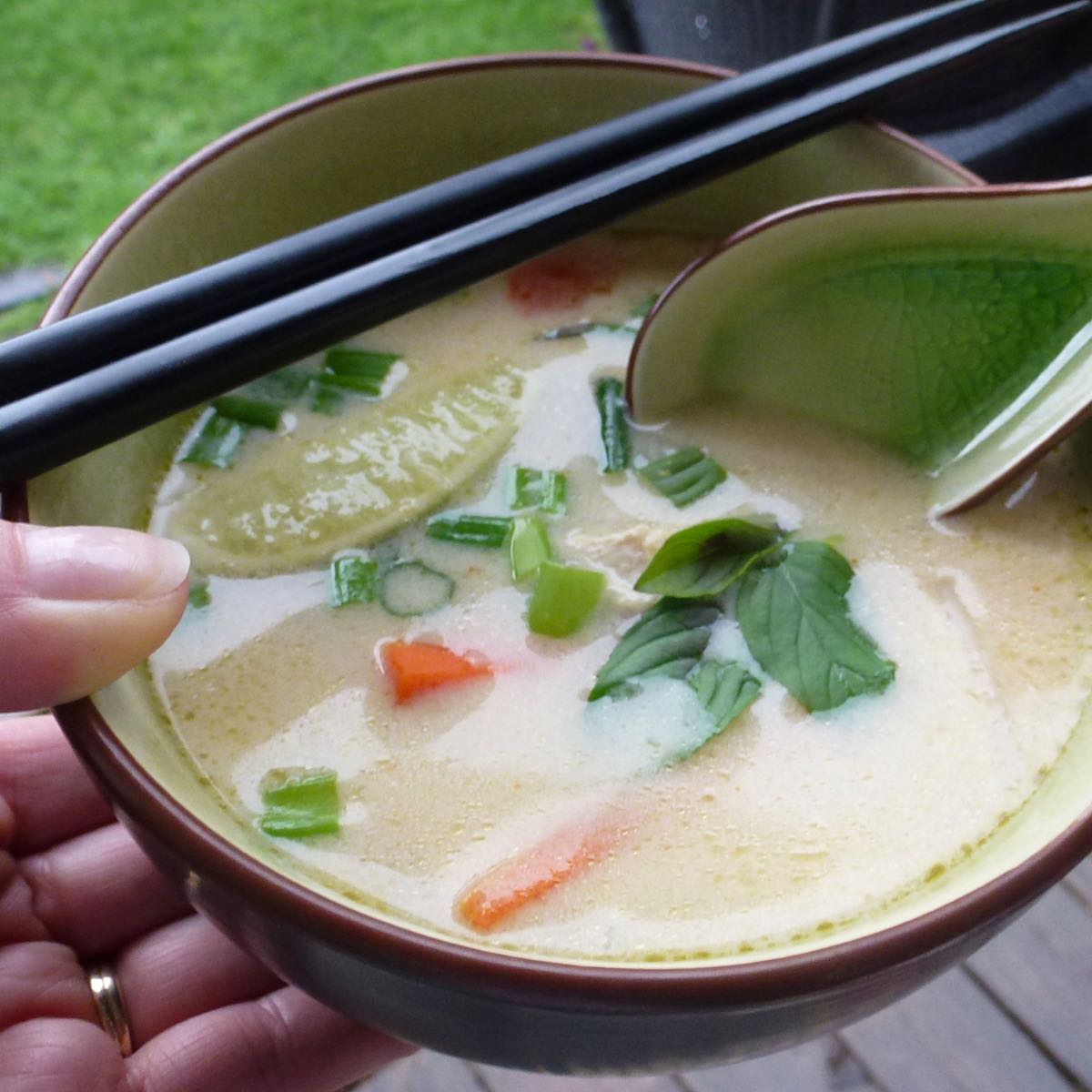 A bowl of Vietnamese Lemongrass Chicken Noodle Soup.