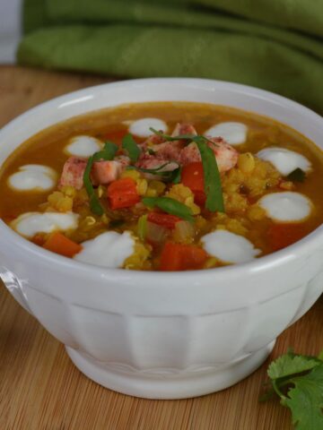 A bowl of Lentil and Red Pepper Soup.