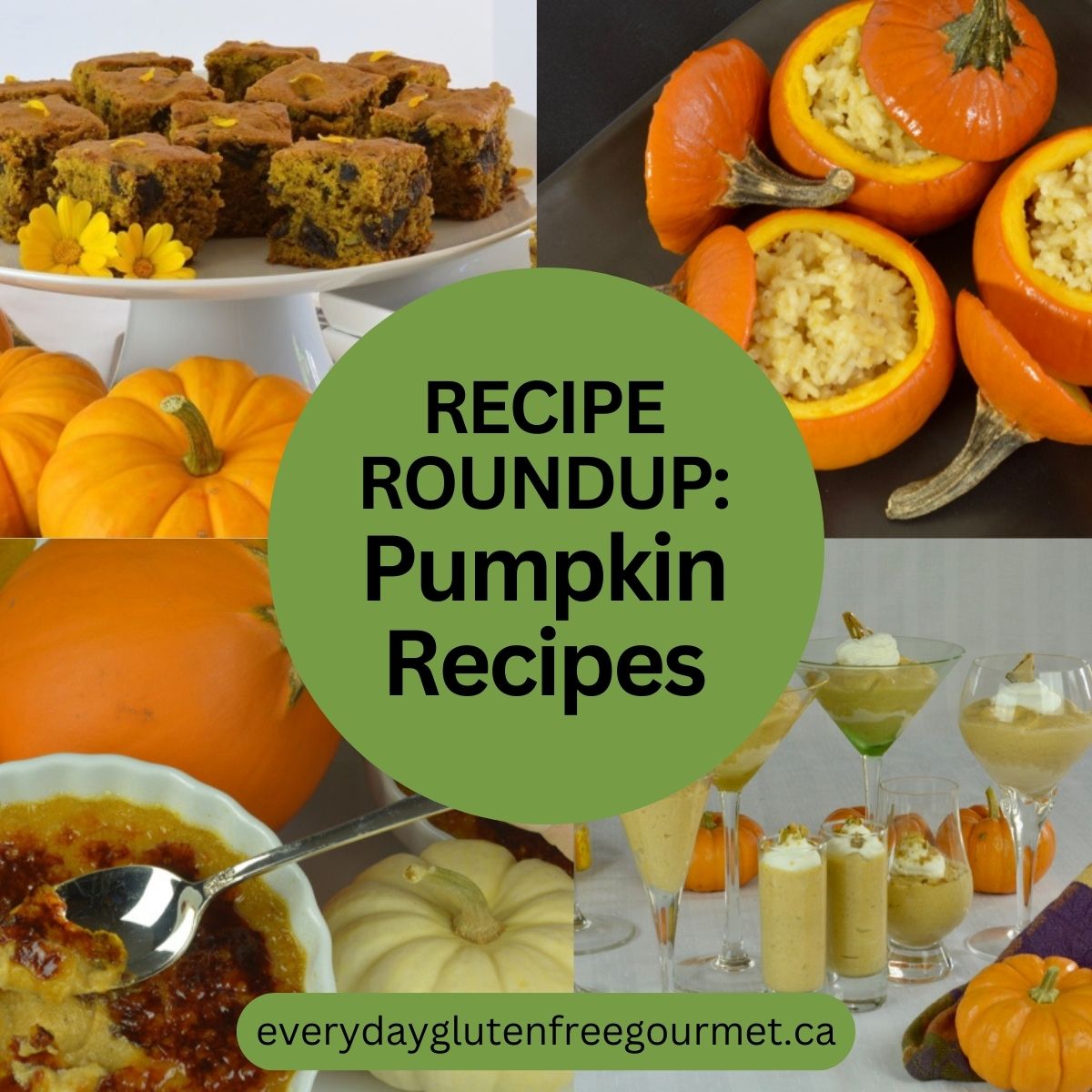 Four pumpkin recipes; pumpkin risotto, frozen mousse, pumpkin date cake and a pumpkin creme brulee.